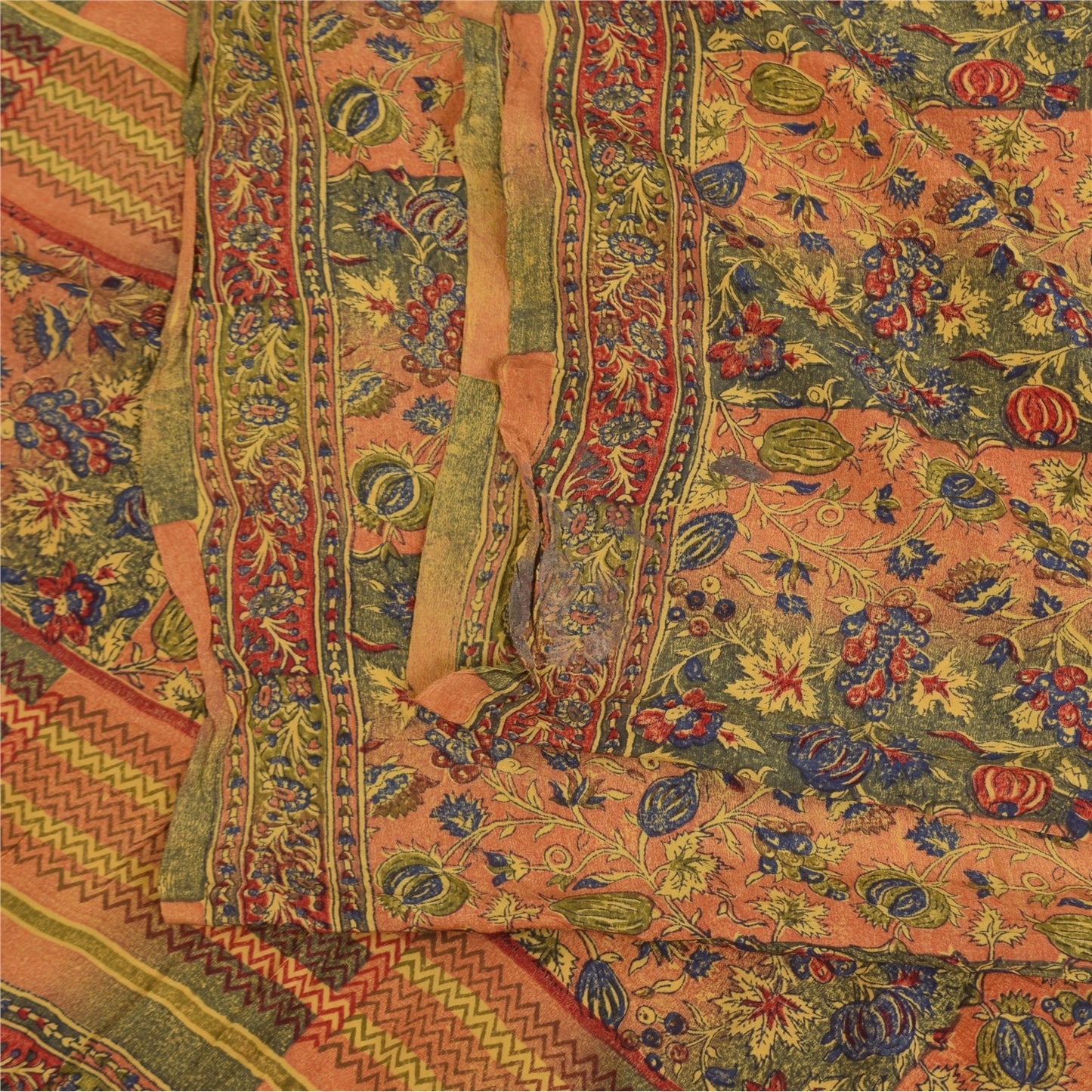 Sanskriti Vintage Sarees Peach/Green Pure Crepe Printed Sari 5+yd Craft Sustainable Fabric