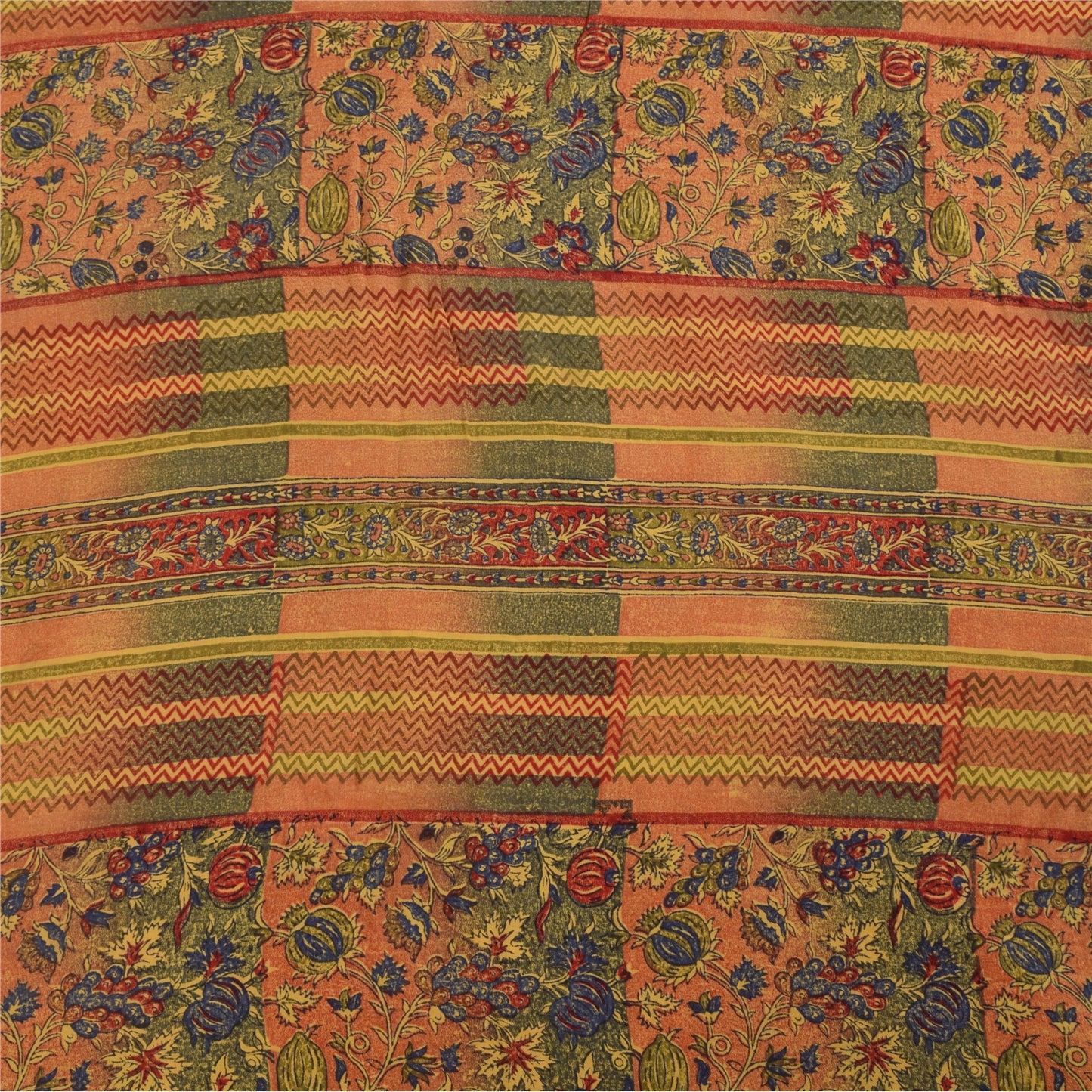 Sanskriti Vintage Sarees Peach/Green Pure Crepe Printed Sari 5+yd Craft Sustainable Fabric
