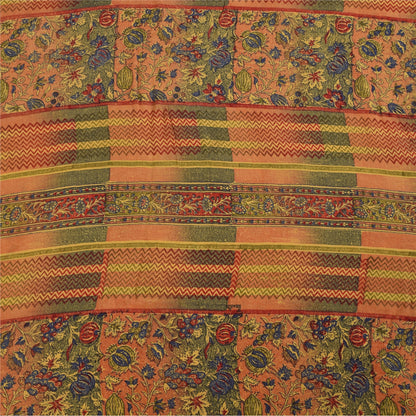 Sanskriti Vintage Sarees Peach/Green Pure Crepe Printed Sari 5+yd Craft Sustainable Fabric