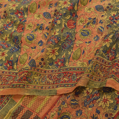 Sanskriti Vintage Sarees Peach/Green Pure Crepe Printed Sari 5+yd Craft Sustainable Fabric