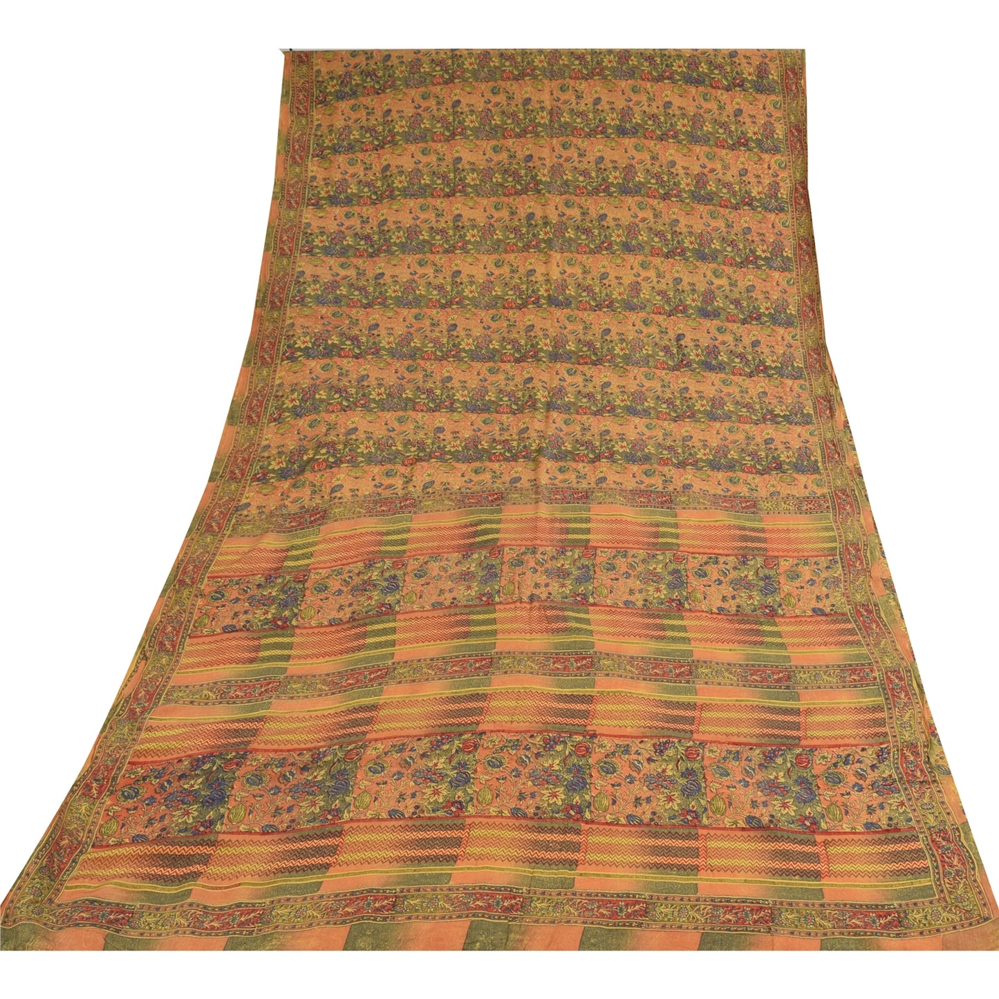 Sanskriti Vintage Sarees Peach/Green Pure Crepe Printed Sari 5+yd Craft Sustainable Fabric