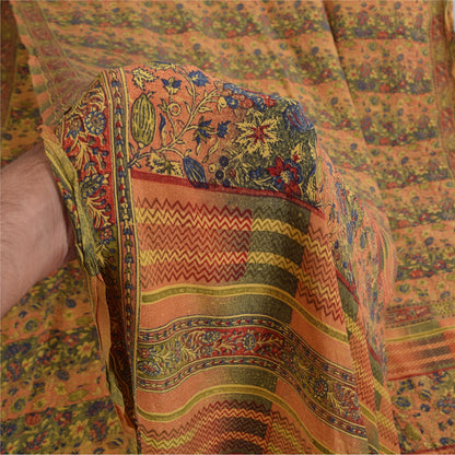 Sanskriti Vintage Sarees Peach/Green Pure Crepe Printed Sari 5+yd Craft Sustainable Fabric