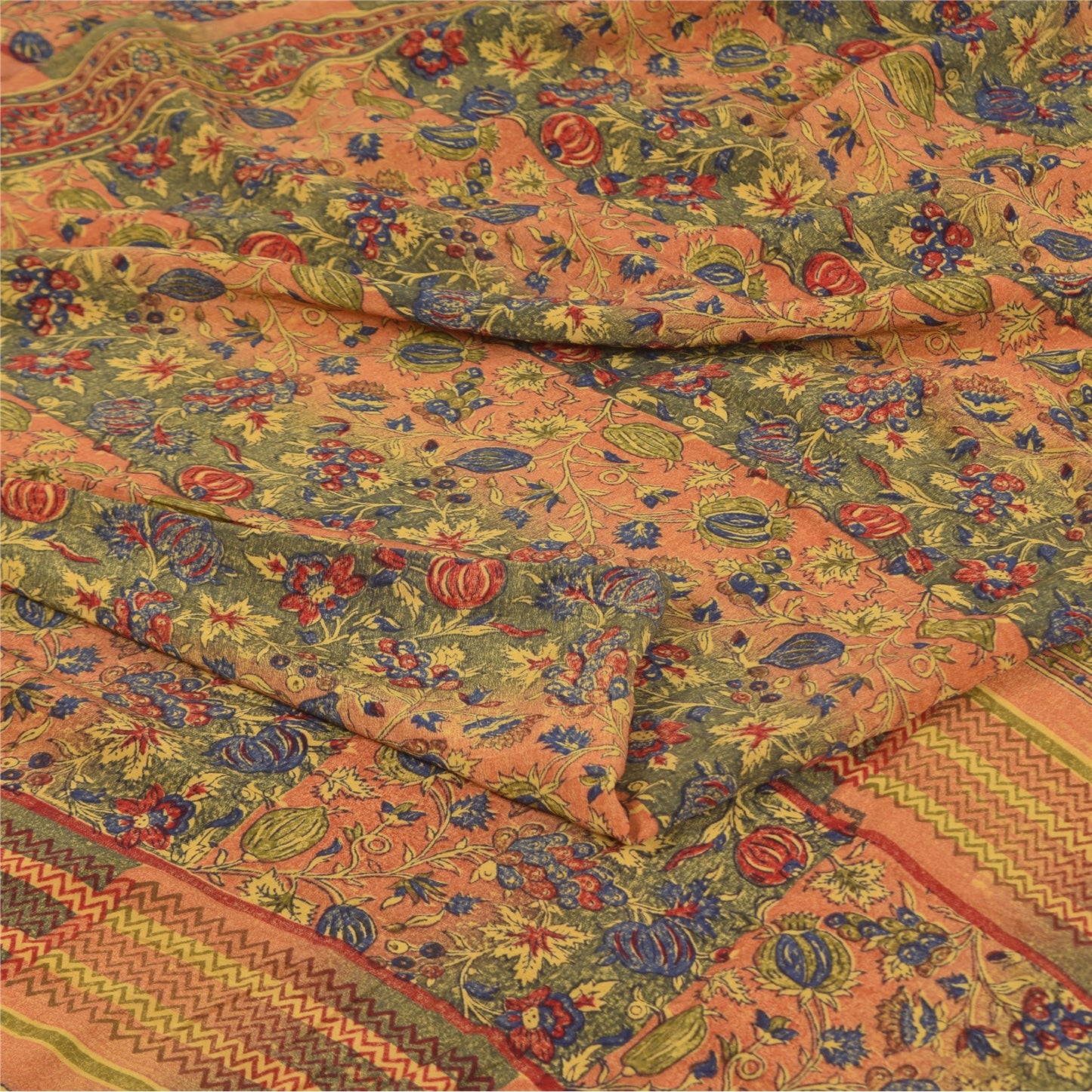 Sanskriti Vintage Sarees Peach/Green Pure Crepe Printed Sari 5+yd Craft Sustainable Fabric
