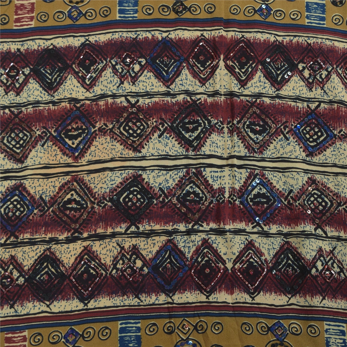 Sanskriti Vintage Sarees Cream Pure Crepe Silk Printed Sari 5+yd Craft Sustainable Fabric