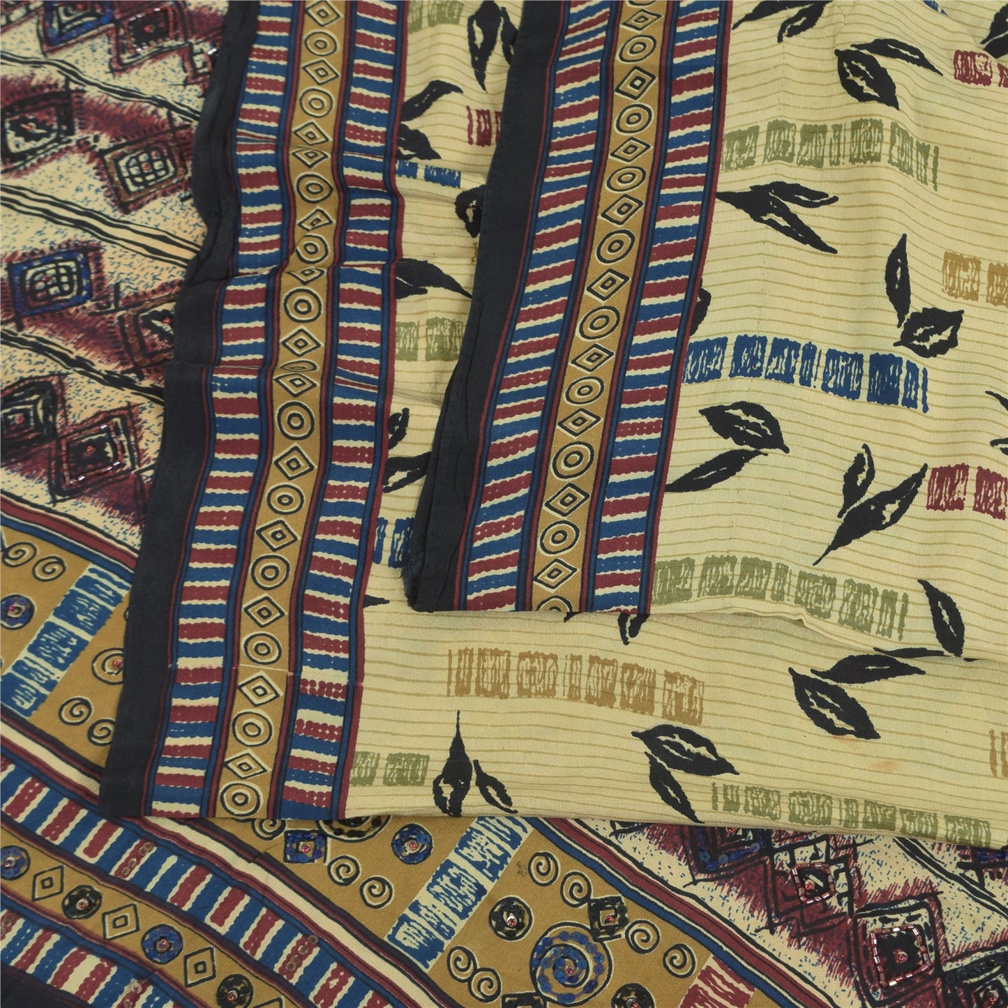 Sanskriti Vintage Sarees Cream Pure Crepe Silk Printed Sari 5+yd Craft Sustainable Fabric