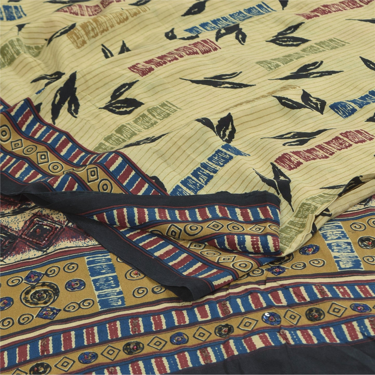 Sanskriti Vintage Sarees Cream Pure Crepe Silk Printed Sari 5+yd Craft Sustainable Fabric