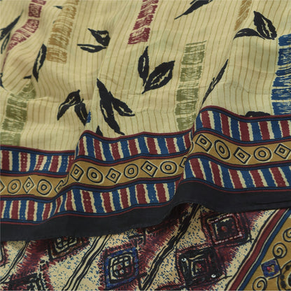Sanskriti Vintage Sarees Cream Pure Crepe Silk Printed Sari 5+yd Craft Sustainable Fabric