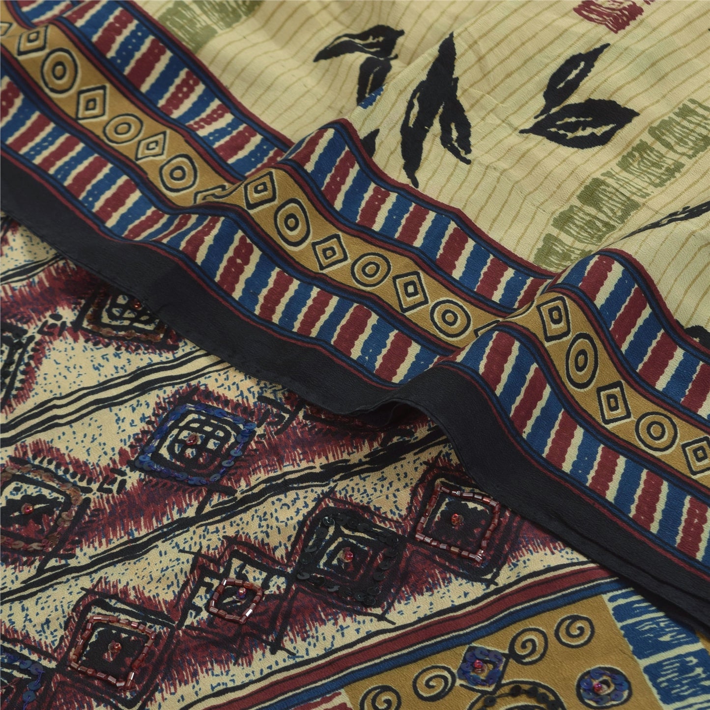 Sanskriti Vintage Sarees Cream Pure Crepe Silk Printed Sari 5+yd Craft Sustainable Fabric