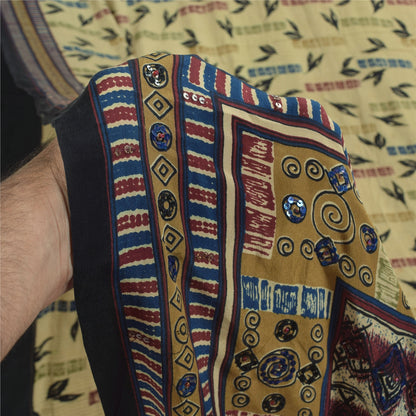 Sanskriti Vintage Sarees Cream Pure Crepe Silk Printed Sari 5+yd Craft Sustainable Fabric