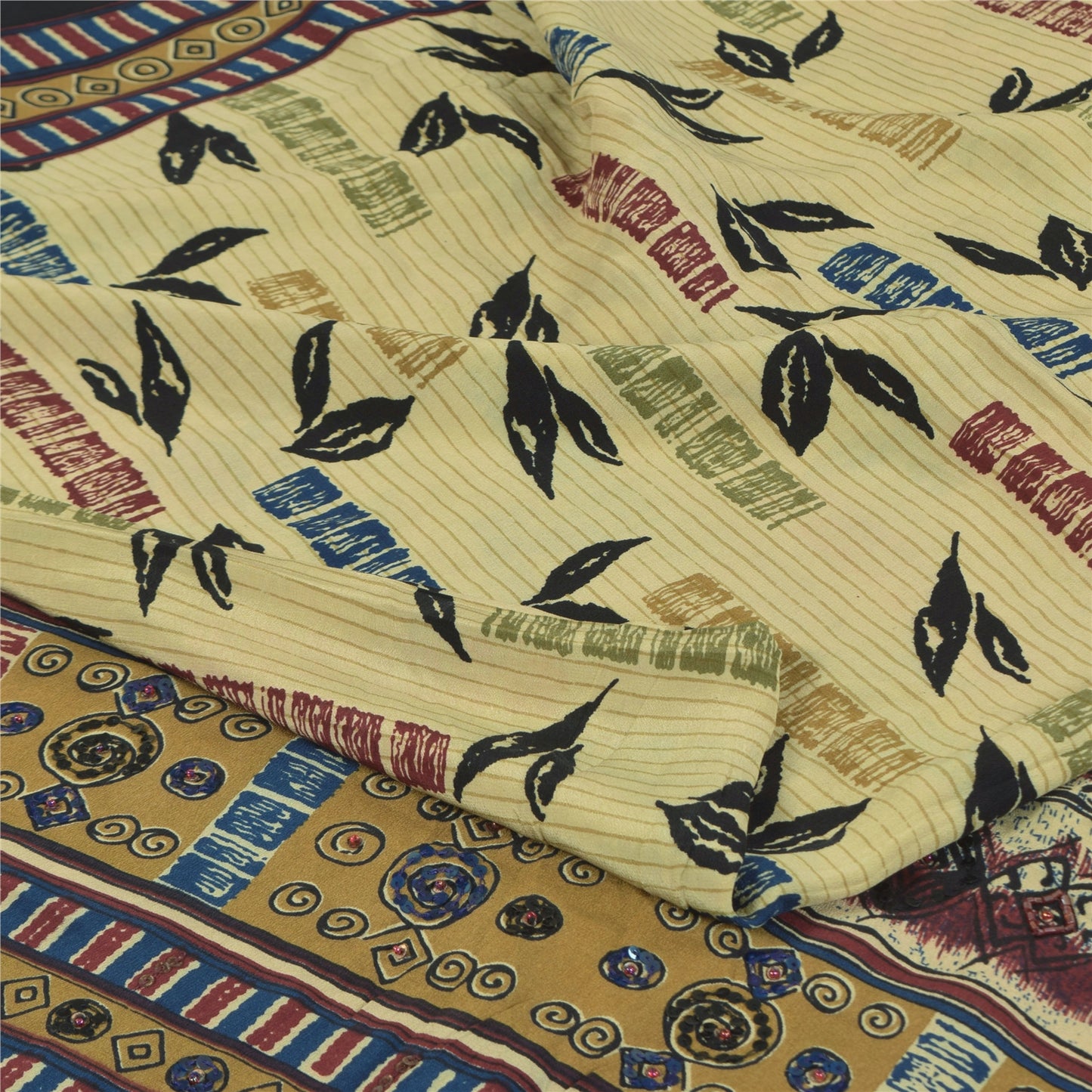 Sanskriti Vintage Sarees Cream Pure Crepe Silk Printed Sari 5+yd Craft Sustainable Fabric