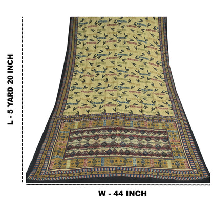 Sanskriti Vintage Sarees Cream Pure Crepe Silk Printed Sari 5+yd Craft Sustainable Fabric