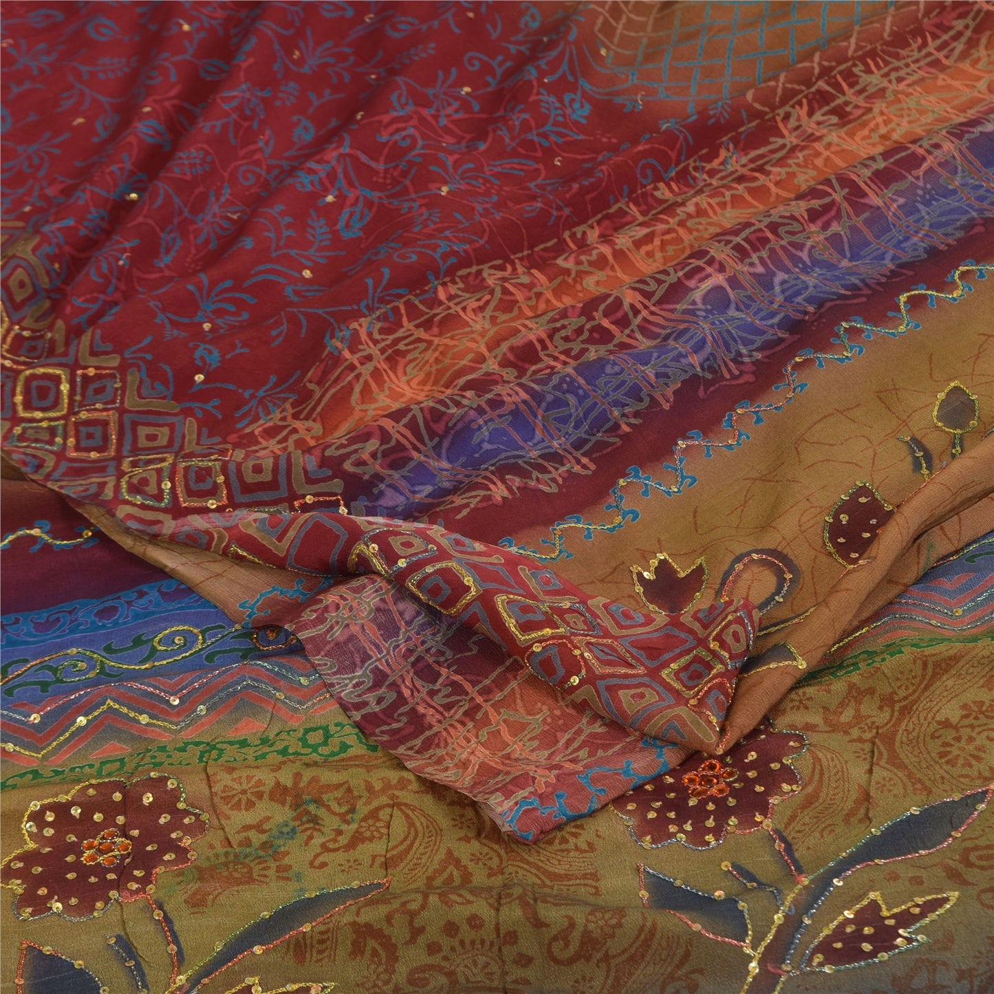 Санскритские винтажные сари из чистого крепа с вышивкой и принтом, сари, 5+ ярдов, устойчивая ткань для рукоделия