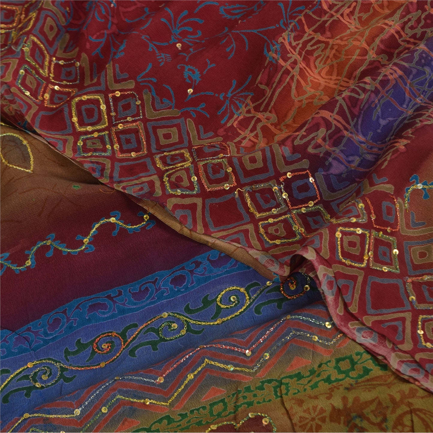 Санскритские винтажные сари из чистого крепа с вышивкой и принтом, сари, 5+ ярдов, устойчивая ткань для рукоделия