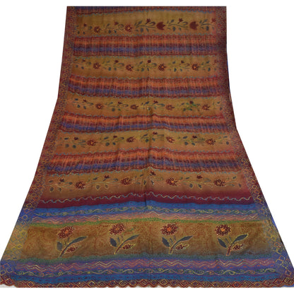 Санскритские винтажные сари из чистого крепа с вышивкой и принтом, сари, 5+ ярдов, устойчивая ткань для рукоделия