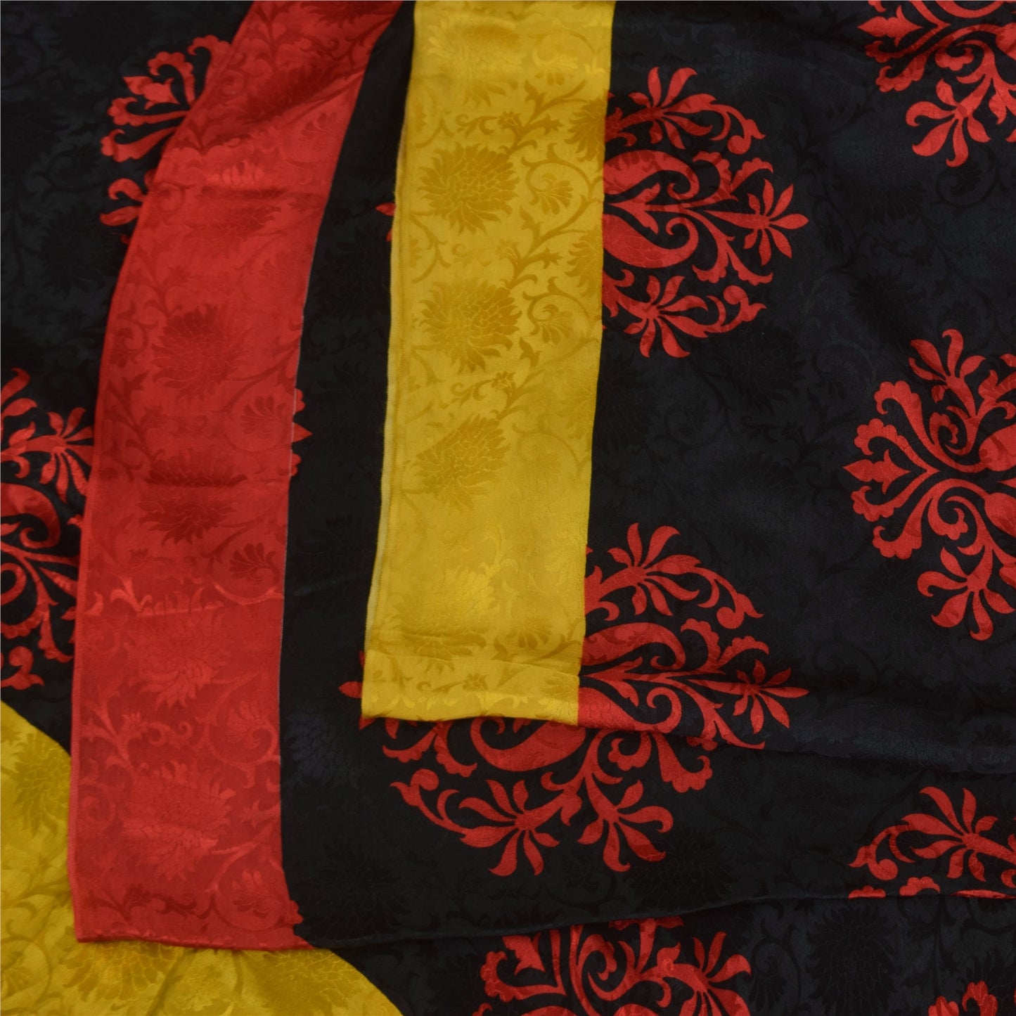 Sanskriti Vintage Sarees Black/Red Pure Crepe Printed Self Sari 5+yd Sustainable Fabric