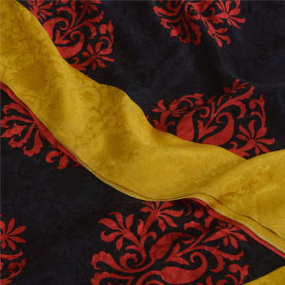 Sanskriti Vintage Sarees Black/Red Pure Crepe Printed Self Sari 5+yd Sustainable Fabric