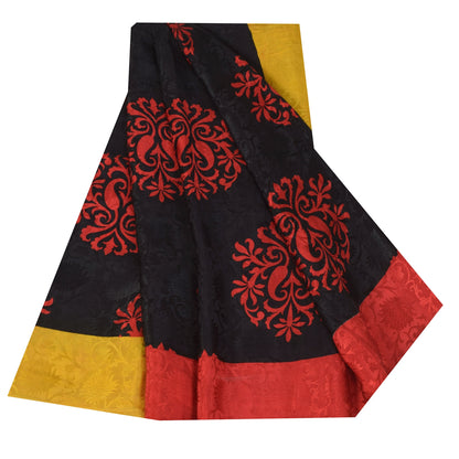 Sanskriti Vintage Sarees Black/Red Pure Crepe Printed Self Sari 5+yd Sustainable Fabric