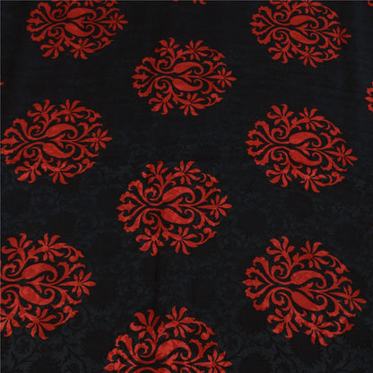 Sanskriti Vintage Sarees Black/Red Pure Crepe Printed Self Sari 5+yd Sustainable Fabric