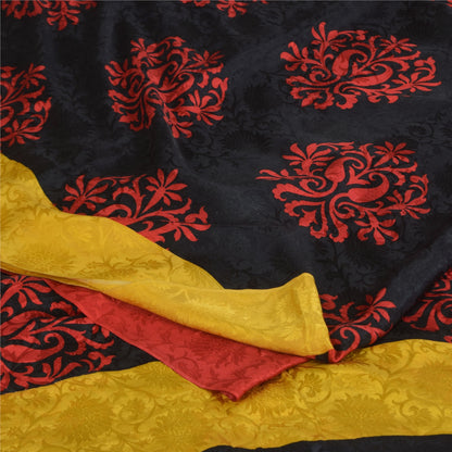 Sanskriti Vintage Sarees Black/Red Pure Crepe Printed Self Sari 5+yd Sustainable Fabric