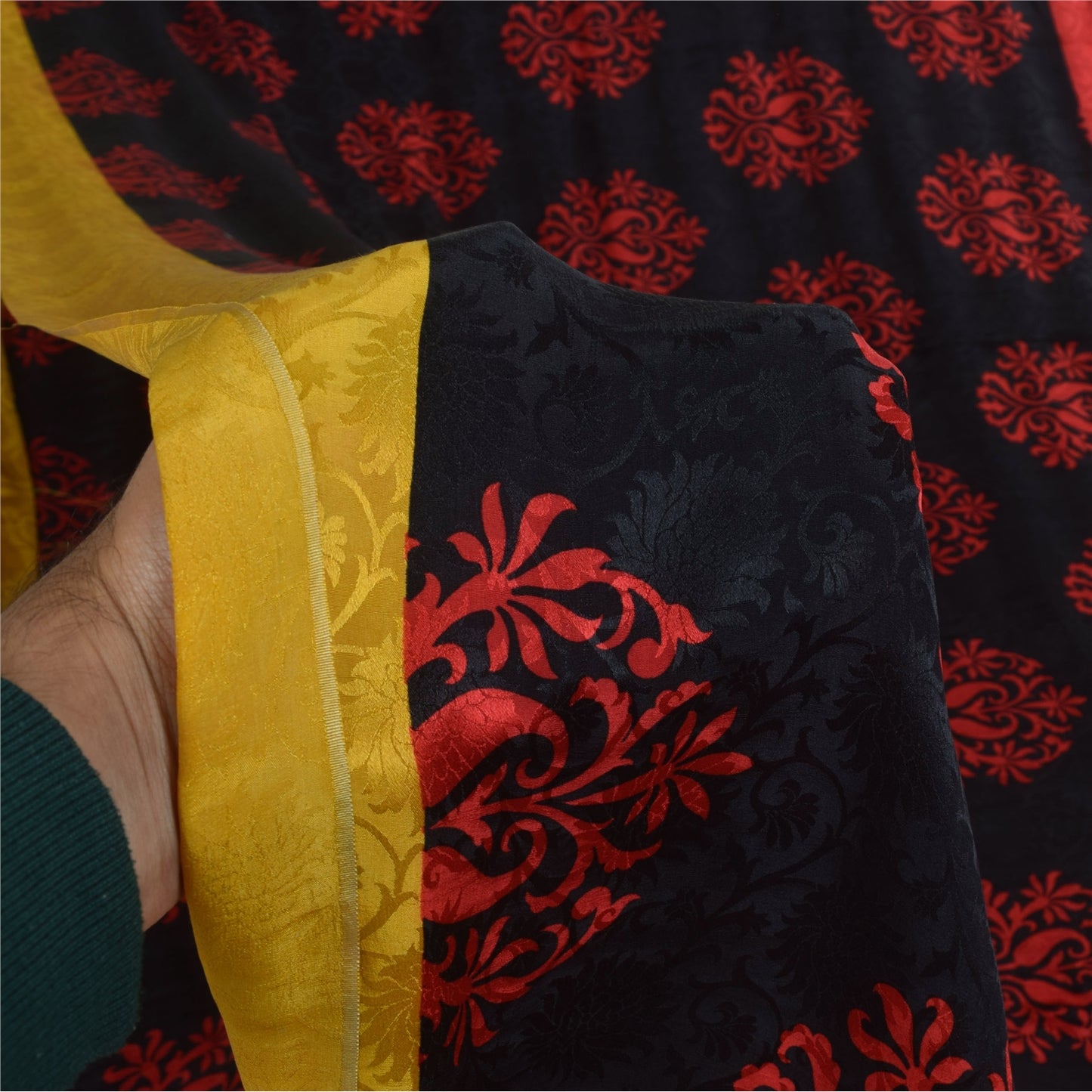 Sanskriti Vintage Sarees Black/Red Pure Crepe Printed Self Sari 5+yd Sustainable Fabric