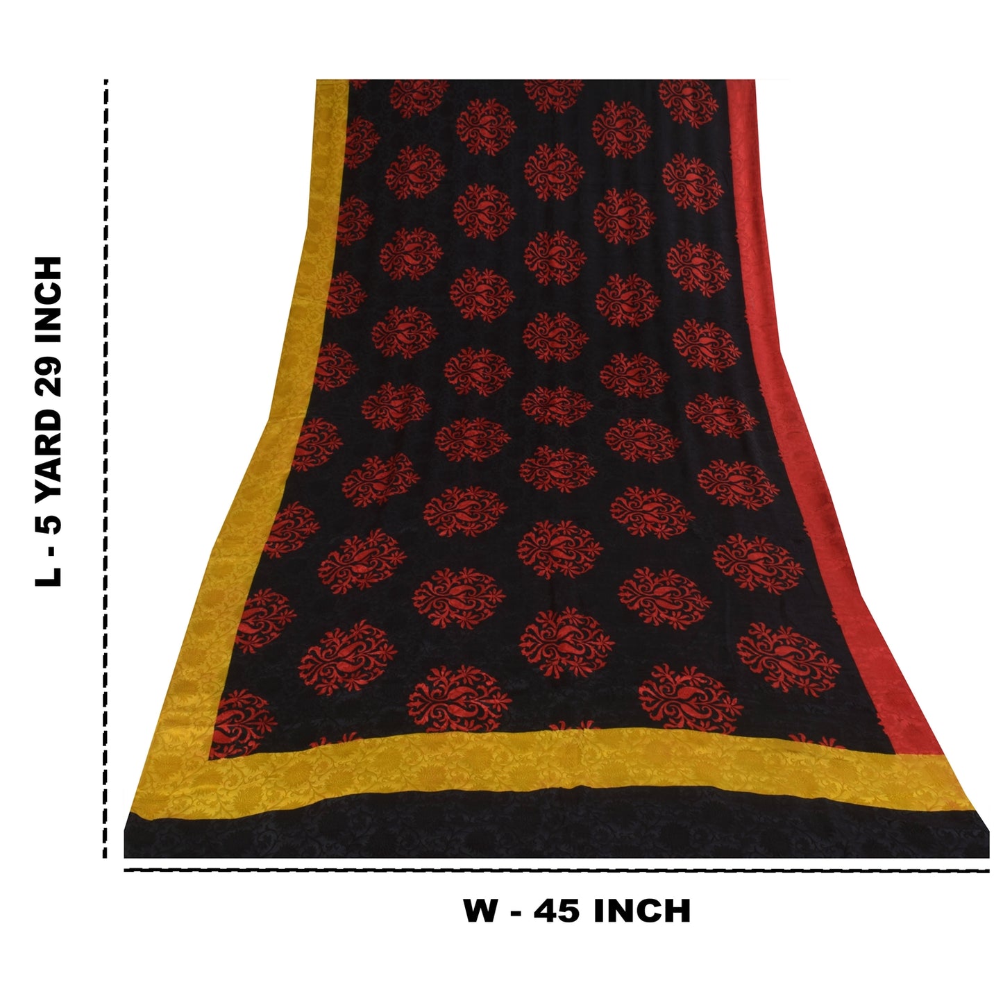 Sanskriti Vintage Sarees Black/Red Pure Crepe Printed Self Sari 5+yd Sustainable Fabric