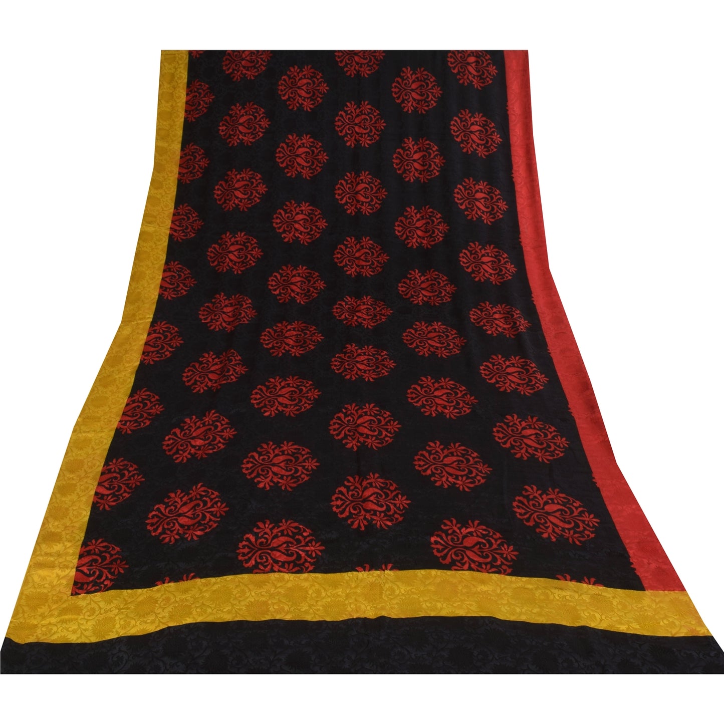 Sanskriti Vintage Sarees Black/Red Pure Crepe Printed Self Sari 5+yd Sustainable Fabric