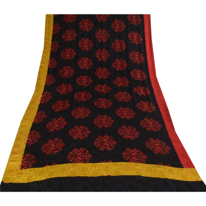 Sanskriti Vintage Sarees Black/Red Pure Crepe Printed Self Sari 5+yd Sustainable Fabric