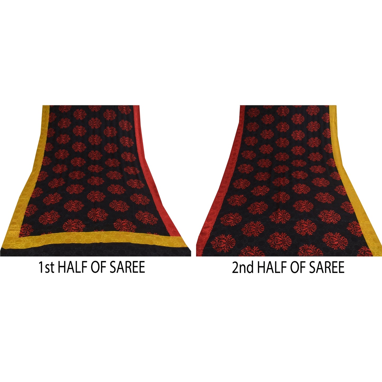 Sanskriti Vintage Sarees Black/Red Pure Crepe Printed Self Sari 5+yd Sustainable Fabric