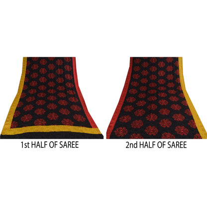 Sanskriti Vintage Sarees Black/Red Pure Crepe Printed Self Sari 5+yd Sustainable Fabric