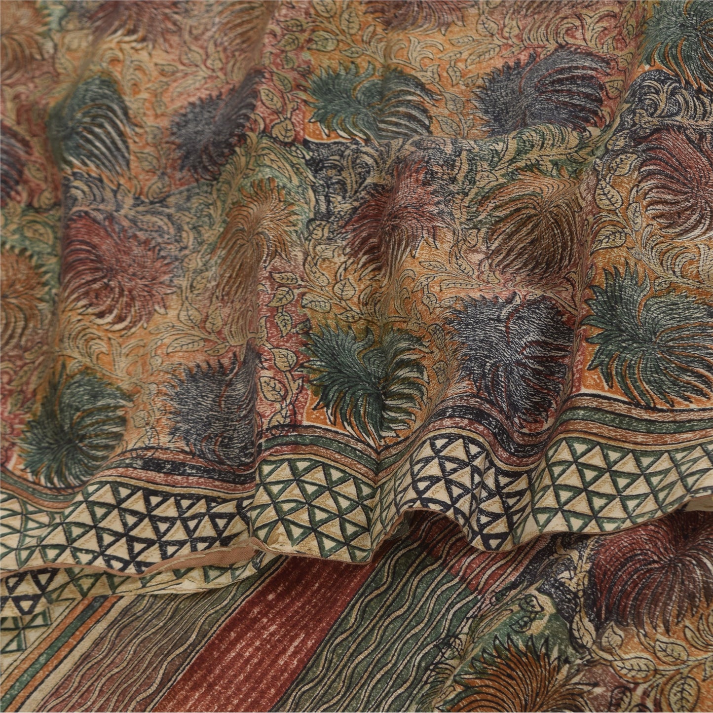 Sanskriti Vintage Sarees Multi Pure Crepe Silk Printed Sari 5+yd Craft Sustainable Fabric