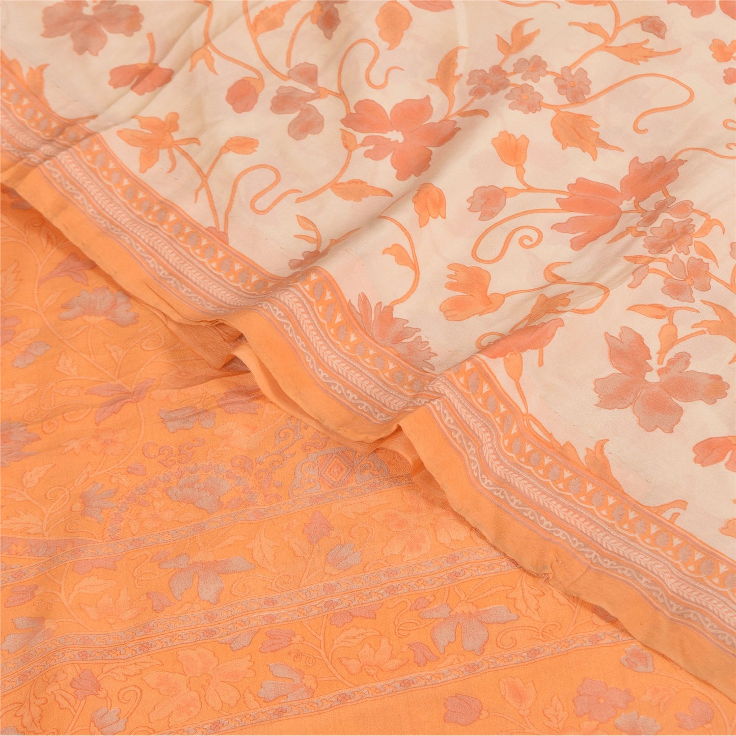 Сари из чистого крепа Sanskriti Vintage, кремового/оранжевого цвета, принтованное сари, 5+ ярдов, устойчивая ткань для рукоделия