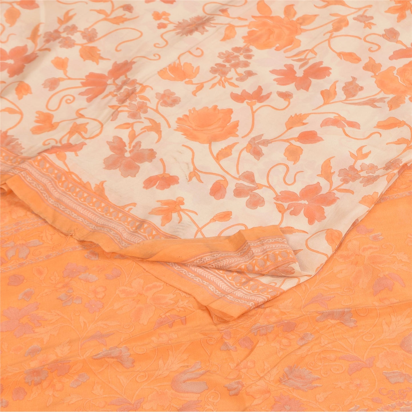 Сари из чистого крепа Sanskriti Vintage, кремового/оранжевого цвета, принтованное сари, 5+ ярдов, устойчивая ткань для рукоделия
