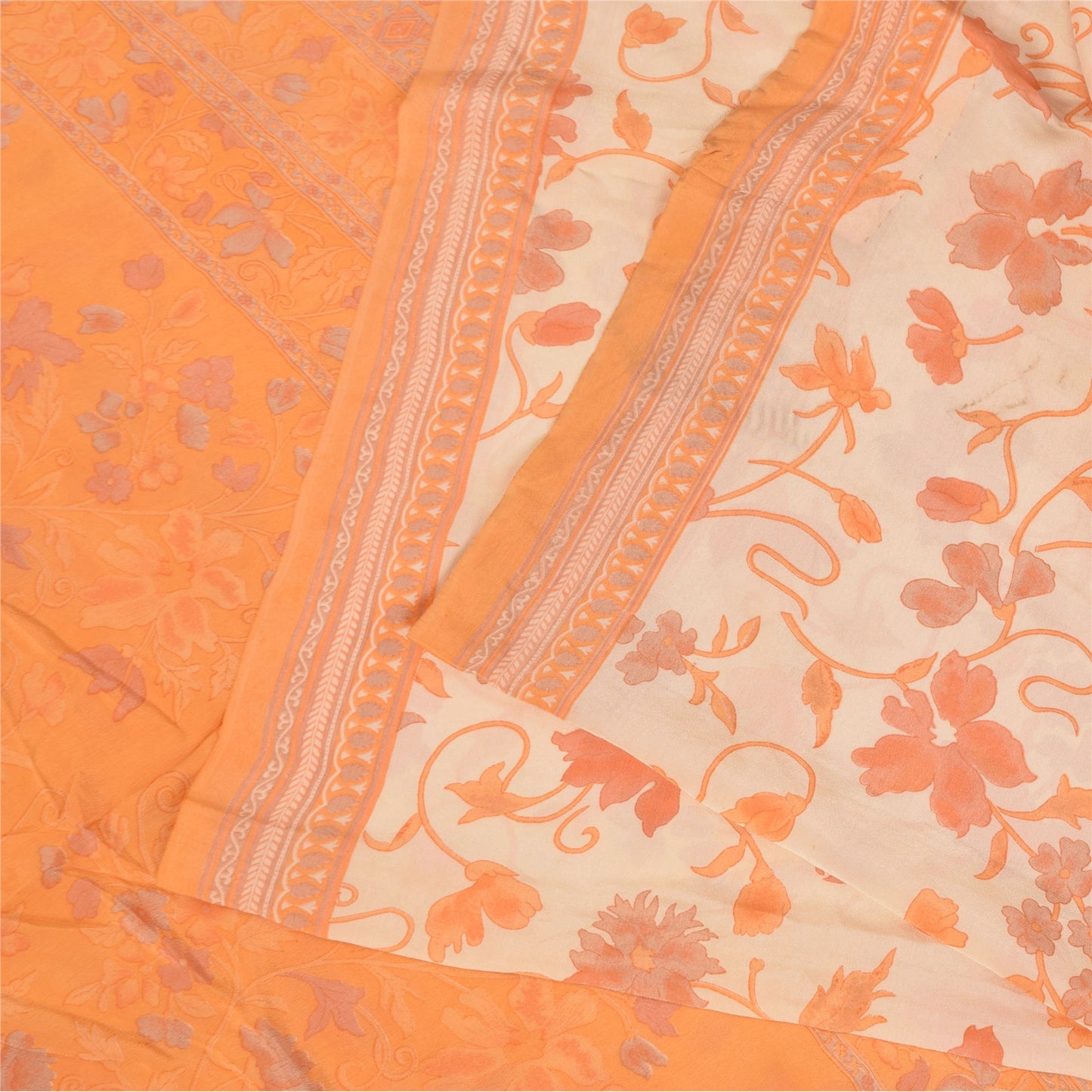 Сари из чистого крепа Sanskriti Vintage, кремового/оранжевого цвета, принтованное сари, 5+ ярдов, устойчивая ткань для рукоделия