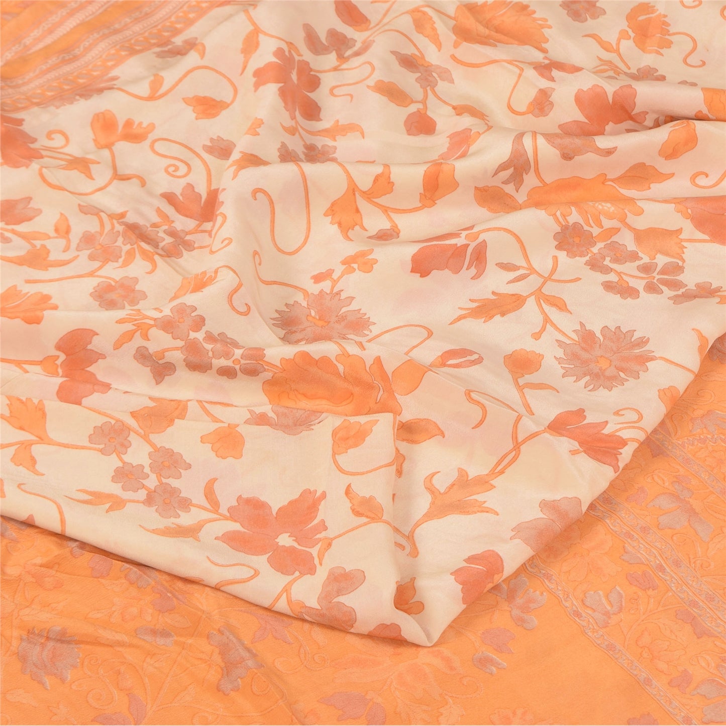 Сари из чистого крепа Sanskriti Vintage, кремового/оранжевого цвета, принтованное сари, 5+ ярдов, устойчивая ткань для рукоделия