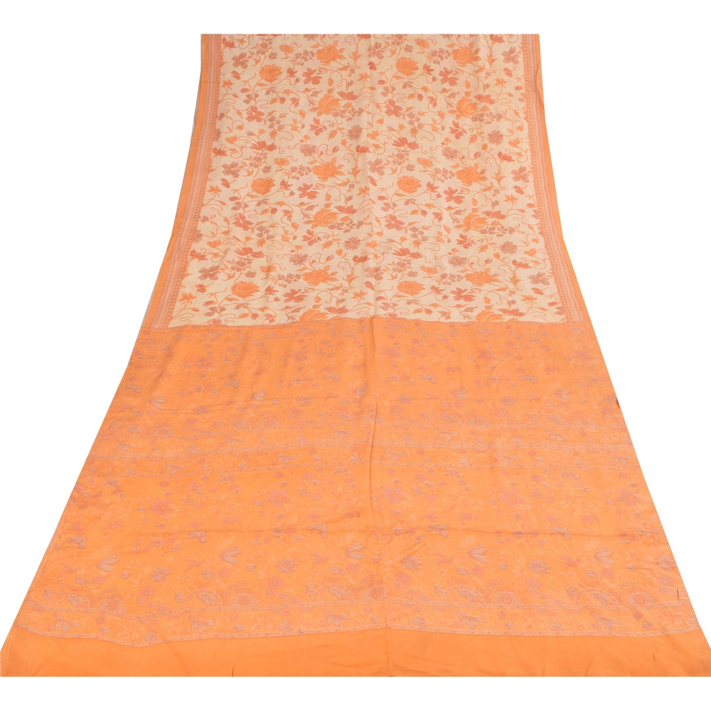 Сари из чистого крепа Sanskriti Vintage, кремового/оранжевого цвета, принтованное сари, 5+ ярдов, устойчивая ткань для рукоделия