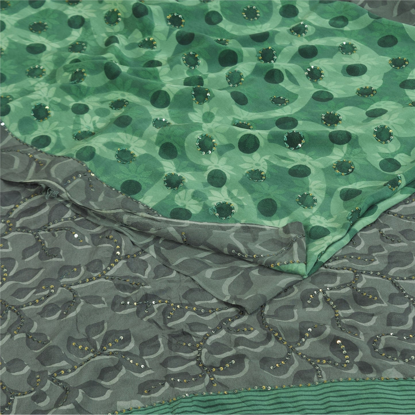 Сари Sanskriti Vintage, зеленое чистое креповое сари с вышивкой, 5+ ярдов, устойчивая ткань