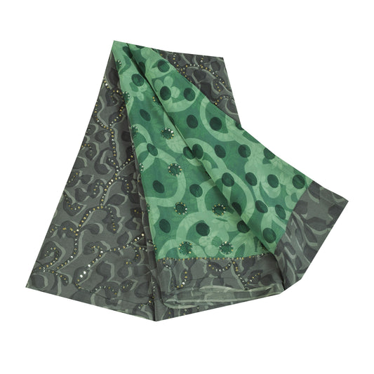 Sanskriti Vintage Sarees Green Pure Crepe Printed Embroidered Sari 5+yd Sustainable Fabric