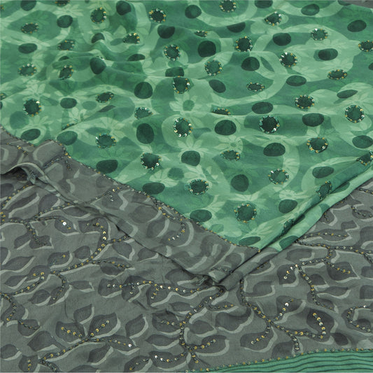 Sanskriti Vintage Sarees Green Pure Crepe Printed Embroidered Sari 5+yd Sustainable Fabric