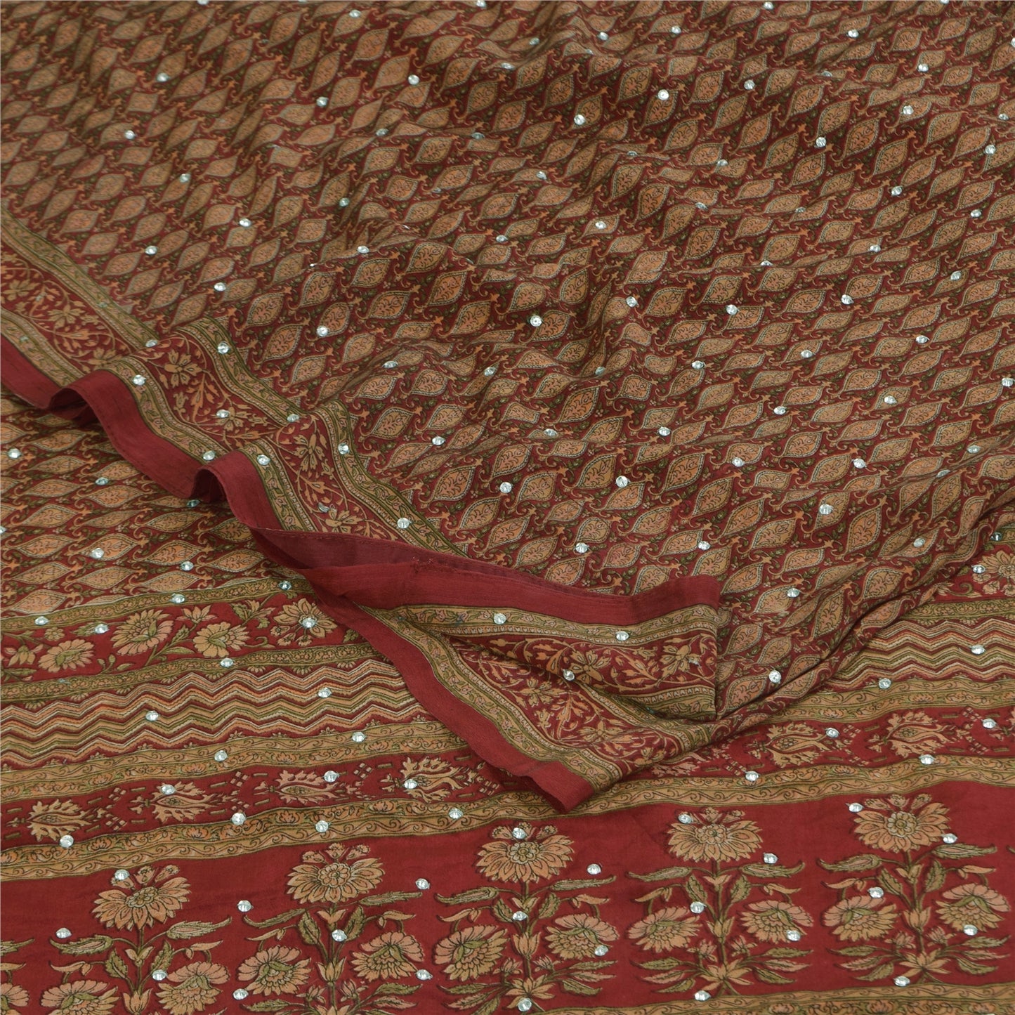 Sanskriti Vintage Sarees Red Hand Beaded Pure Crepe Print Sari 5+yd Craft Sustainable Fabric