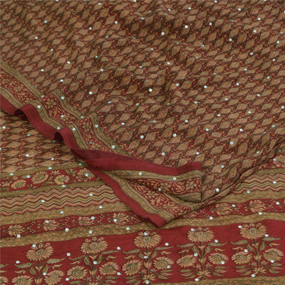 Sanskriti Vintage Sarees Red Hand Beaded Pure Crepe Print Sari 5+yd Craft Sustainable Fabric