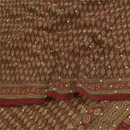 Sanskriti Vintage Sarees Red Hand Beaded Pure Crepe Print Sari 5+yd Craft Sustainable Fabric