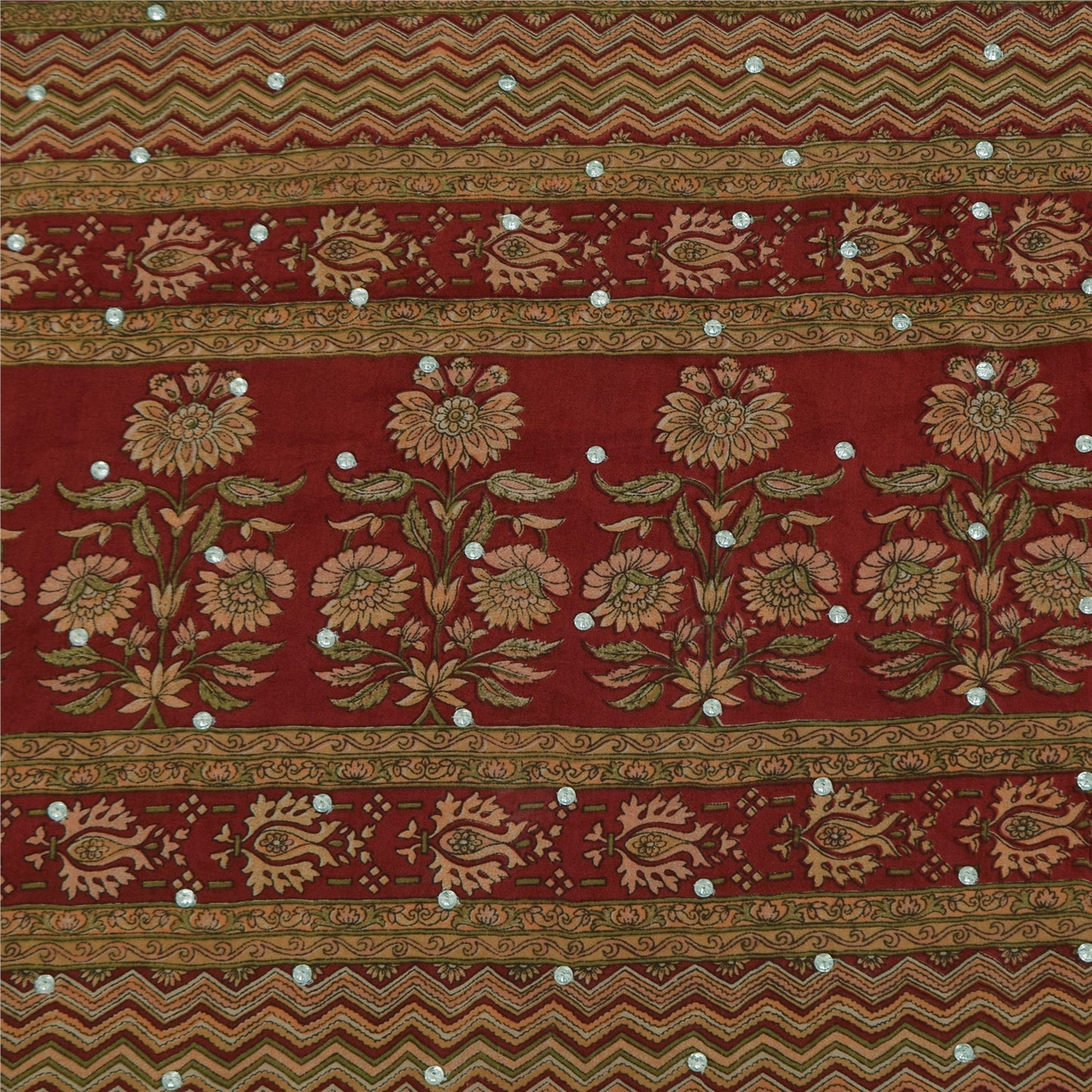 Sanskriti Vintage Sarees Red Hand Beaded Pure Crepe Print Sari 5+yd Craft Sustainable Fabric