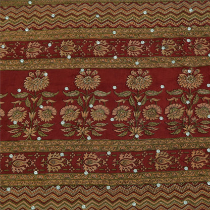 Sanskriti Vintage Sarees Red Hand Beaded Pure Crepe Print Sari 5+yd Craft Sustainable Fabric