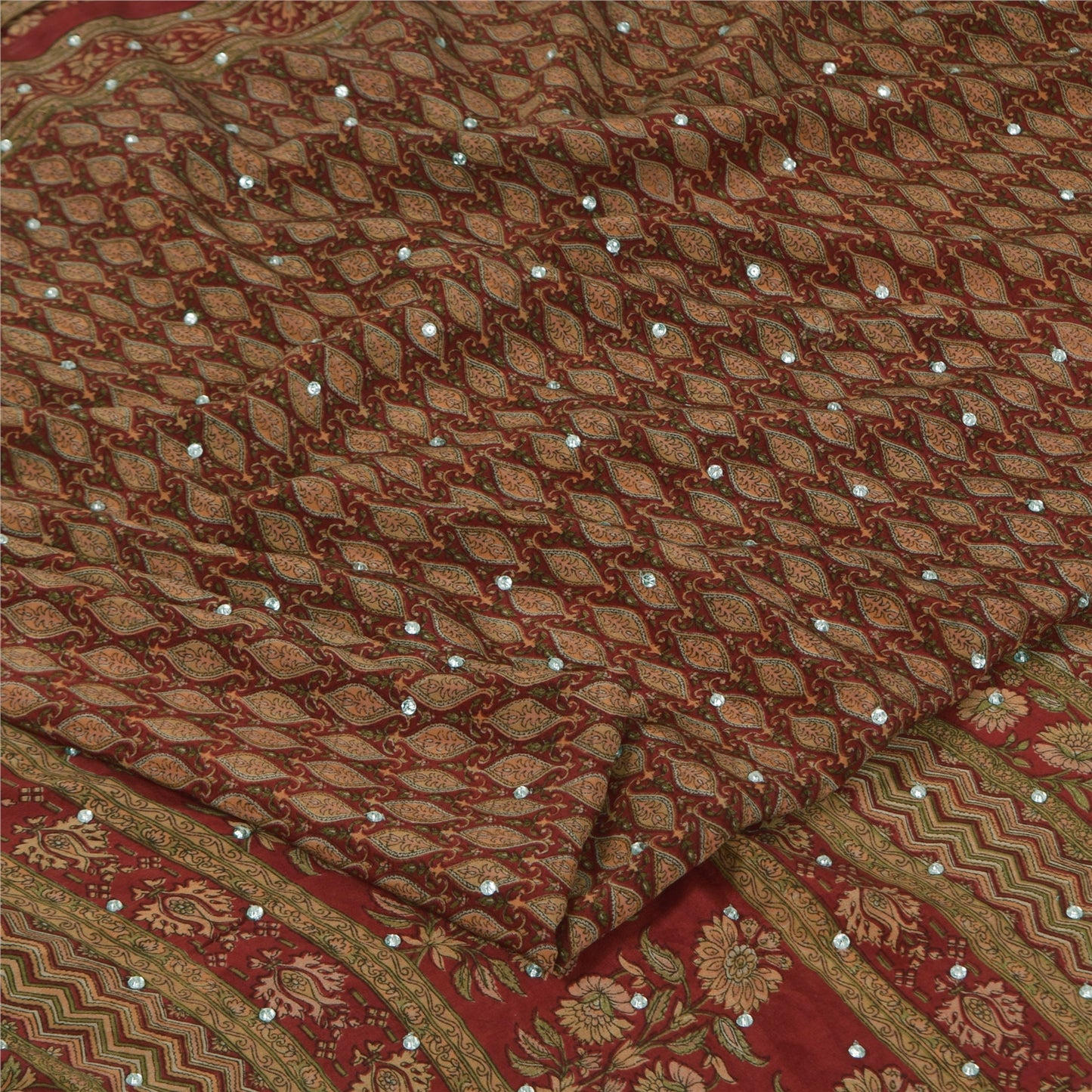 Sanskriti Vintage Sarees Red Hand Beaded Pure Crepe Print Sari 5+yd Craft Sustainable Fabric