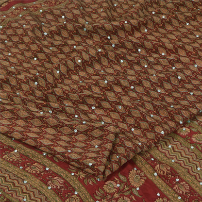 Sanskriti Vintage Sarees Red Hand Beaded Pure Crepe Print Sari 5+yd Craft Sustainable Fabric