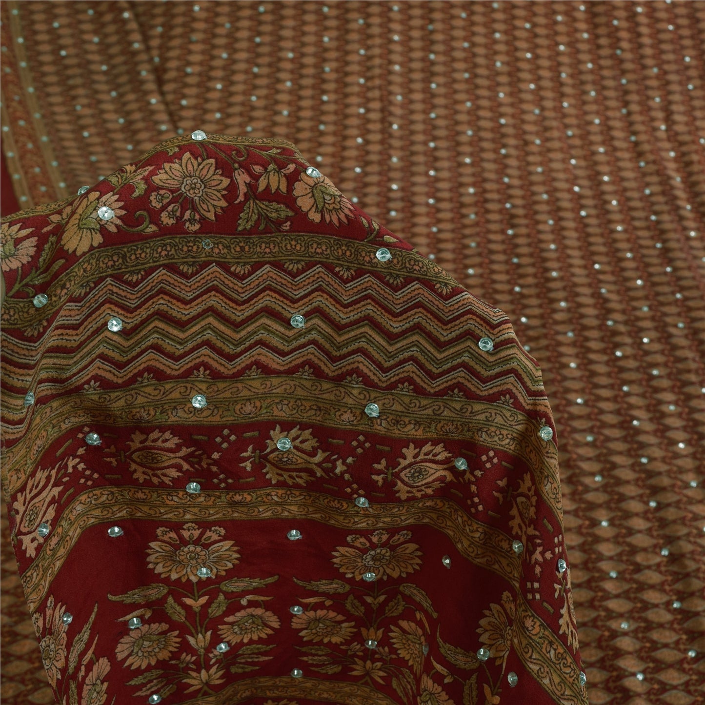 Sanskriti Vintage Sarees Red Hand Beaded Pure Crepe Print Sari 5+yd Craft Sustainable Fabric