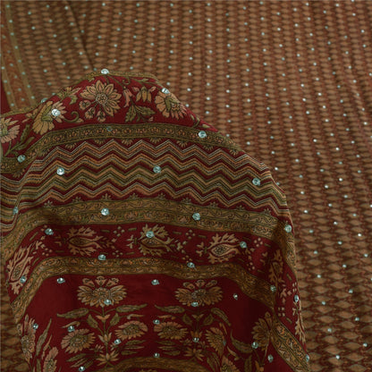 Sanskriti Vintage Sarees Red Hand Beaded Pure Crepe Print Sari 5+yd Craft Sustainable Fabric