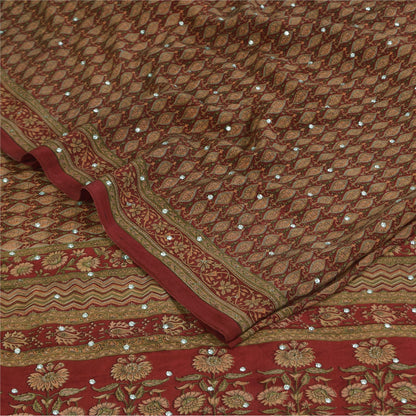 Sanskriti Vintage Sarees Red Hand Beaded Pure Crepe Print Sari 5+yd Craft Sustainable Fabric
