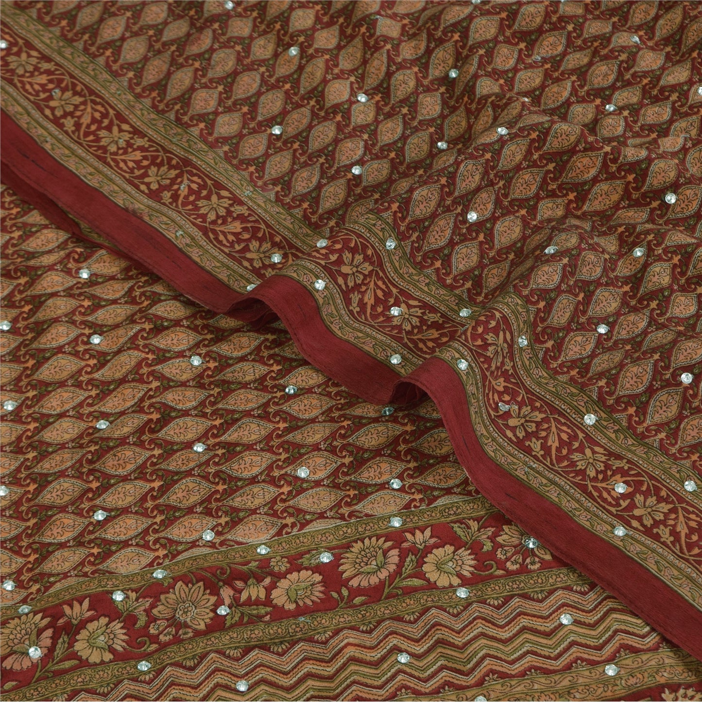 Sanskriti Vintage Sarees Red Hand Beaded Pure Crepe Print Sari 5+yd Craft Sustainable Fabric
