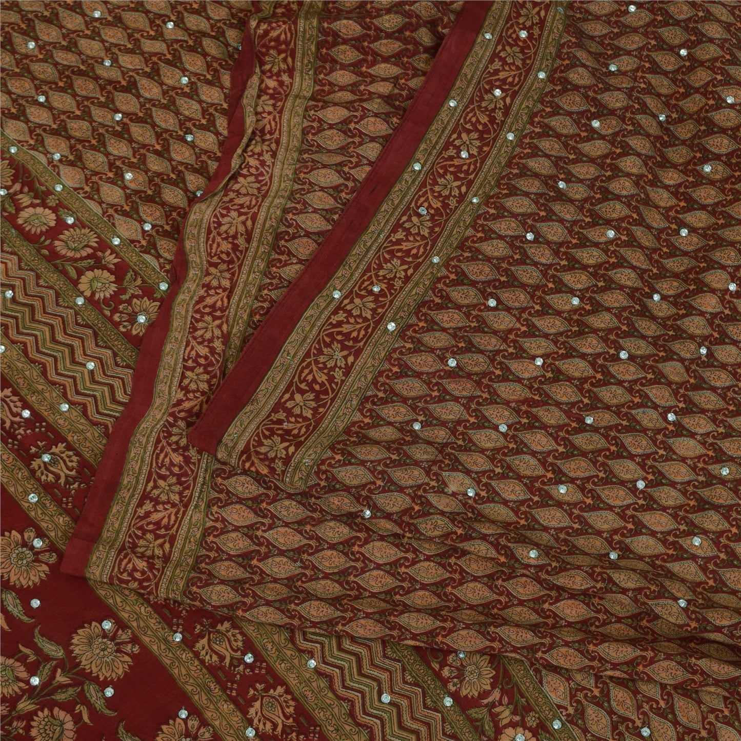 Sanskriti Vintage Sarees Red Hand Beaded Pure Crepe Print Sari 5+yd Craft Sustainable Fabric